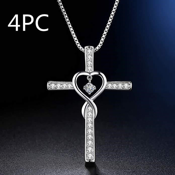 Infinity Love Cross Pendant Necklace – In God We Trust Christian Birthstone Heart Jewelry for Women with Crystal Zircon Gems