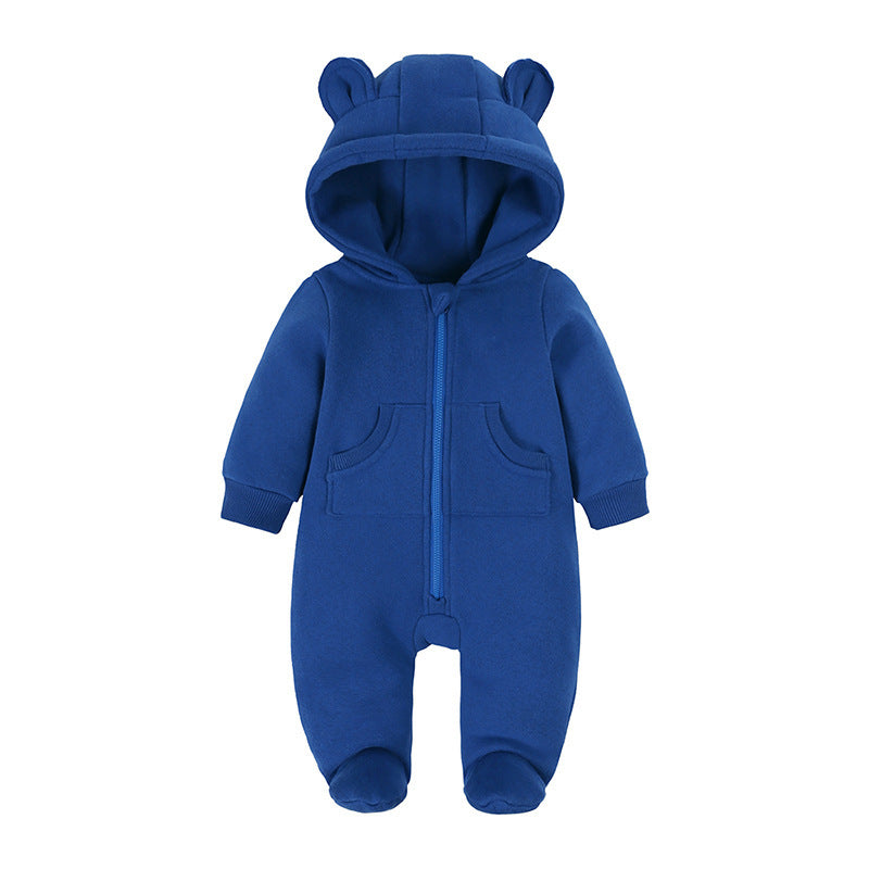 Cozy Solid Color Ear-Designed Hood Thickened Baby Foot-Wrapped Jumpsuit