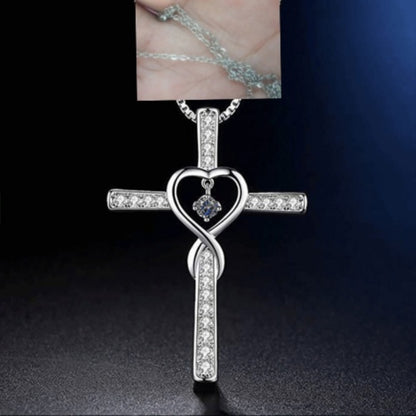 Infinity Love Cross Pendant Necklace – In God We Trust Christian Birthstone Heart Jewelry for Women with Crystal Zircon Gems