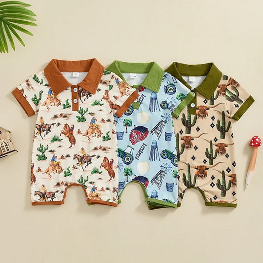 Boy's Western Element Printed Short Sleeve Rompers: Trendy and Comfortable