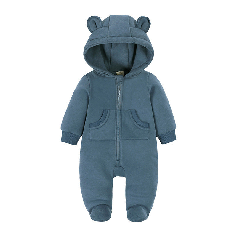 Cozy Solid Color Ear-Designed Hood Thickened Baby Foot-Wrapped Jumpsuit