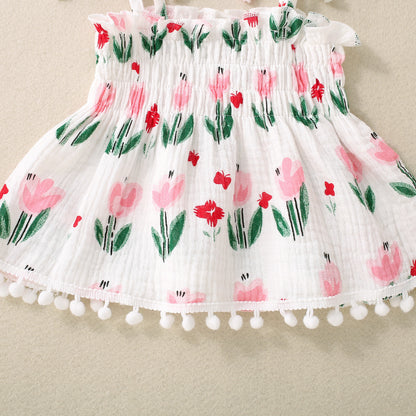 Adorable Baby Girl Floral Print Spaghetti Strap Pom Pom Lace Dress and Short Set