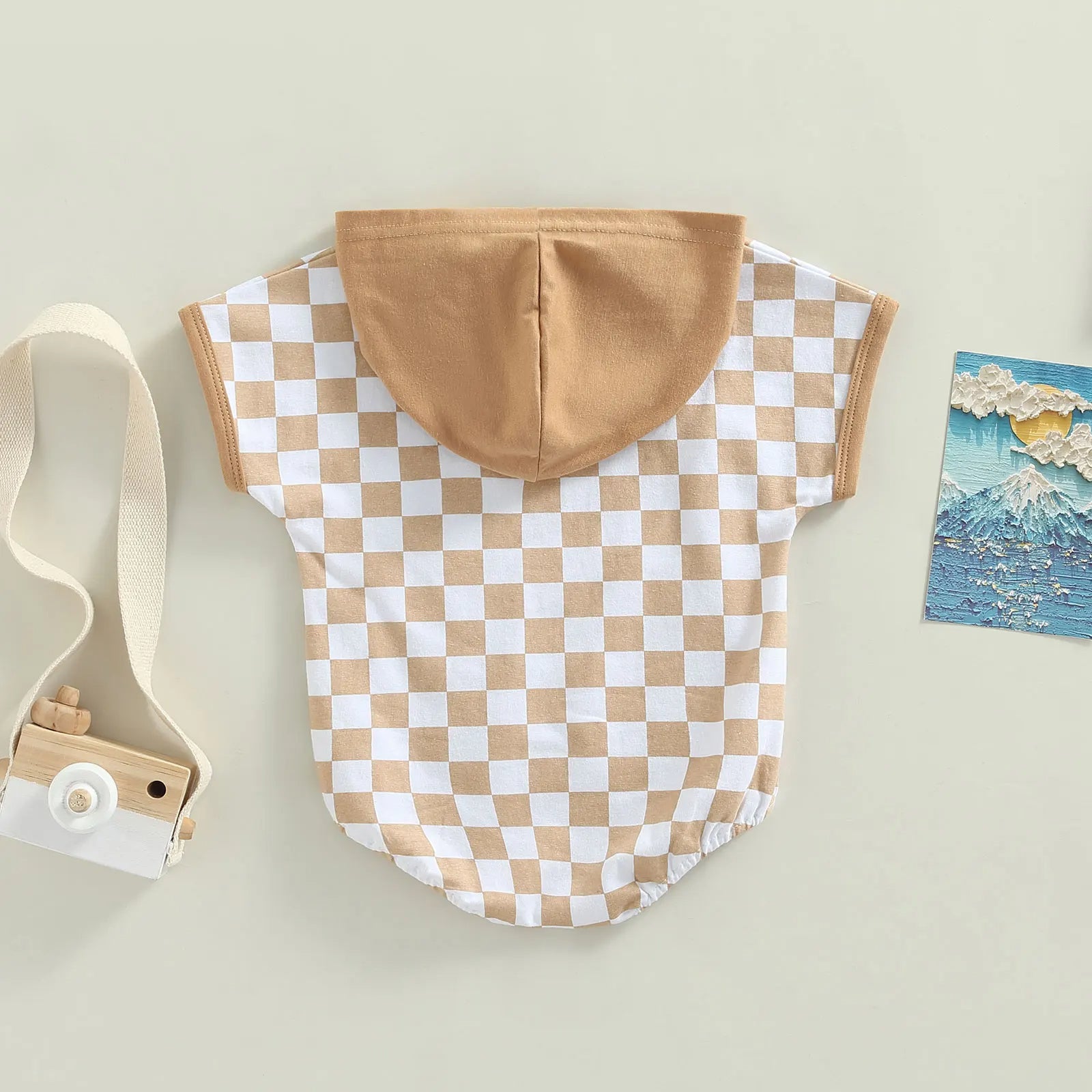 Chessboard Plaid Short Sleeve Hooded Romper: Stylish Comfort for Your Little One