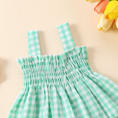 Charming Baby Girl Plaid Design Pom Pom Lace Dress and Short Set