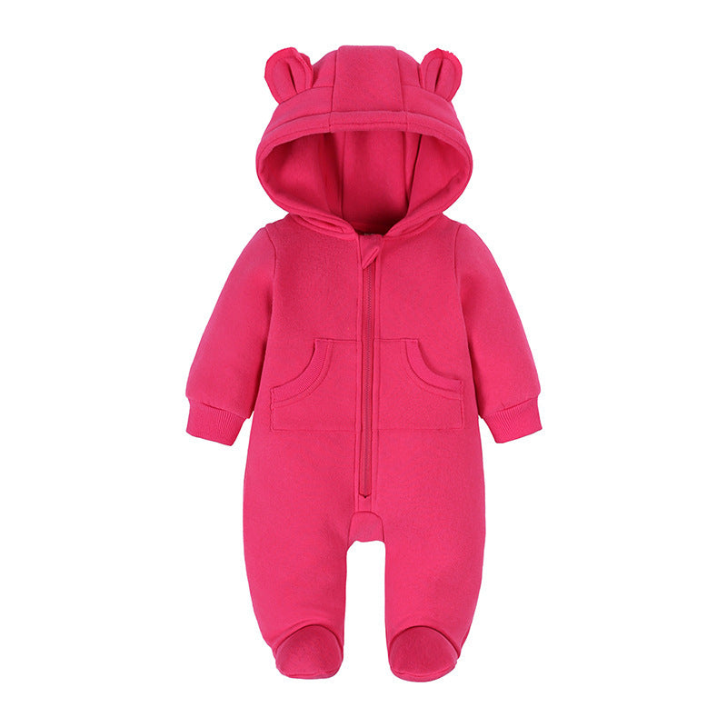 Cozy Solid Color Ear-Designed Hood Thickened Baby Foot-Wrapped Jumpsuit