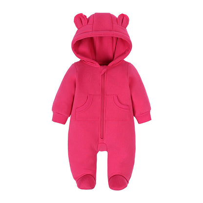 Cozy Solid Color Ear-Designed Hood Thickened Baby Foot-Wrapped Jumpsuit