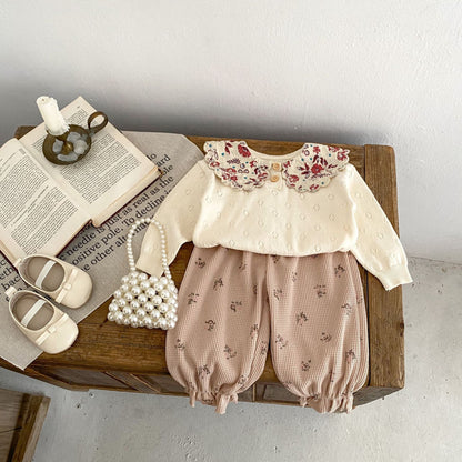 Baby Floral Waffle Print Elastic Cord Ankle-Tied Trousers