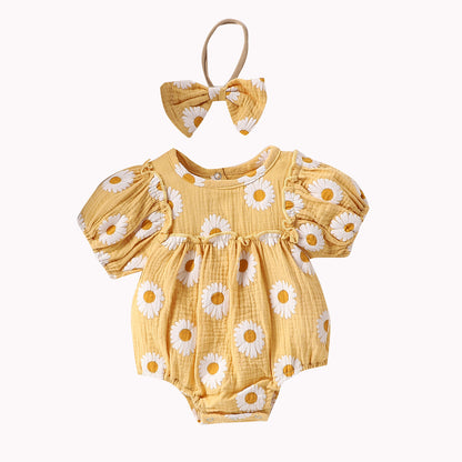 Summer Baby Girl Floral Puff Sleeve Romper Set with Headband | Adorable Prints