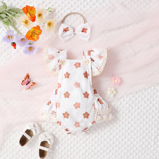 Adorable Baby Girl Lace Flounced Sleeve Printed Triangle Rompers
