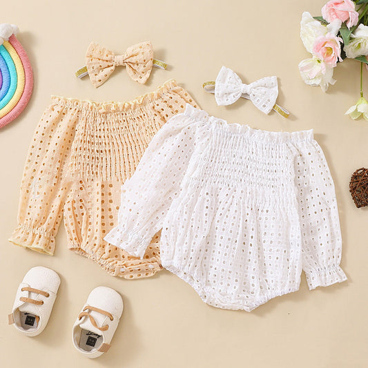 Baby Girl Cotton Mesh Smocked Off-Shoulder Long Sleeve Romper