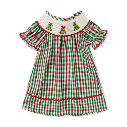 Baby & Toddler Girls Christmas Dress – Short Sleeve Plaid Party Dress with Embroidered Christmas Tree