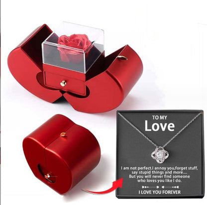 Red Apple Rose Jewelry Box with Necklace – Eternal Flower Gift for Girls, Valentine’s Day & Mother’s Day Romantic Gift