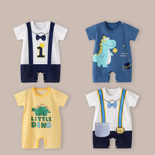 Cute Printed Baby Romper with Fake Suspender Design | Short Sleeve Newborn Outfit