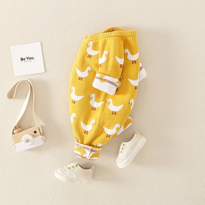 Duck Printed Double-Layer Knitted Baby Romper - Soft & Cozy Infant Outfit